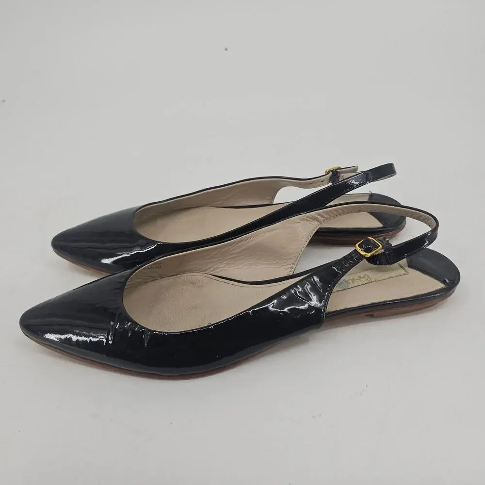 Boden Kelly Black Patent Leather Pointed Toe Slingback Flat Shoe EU 40 US 9.5